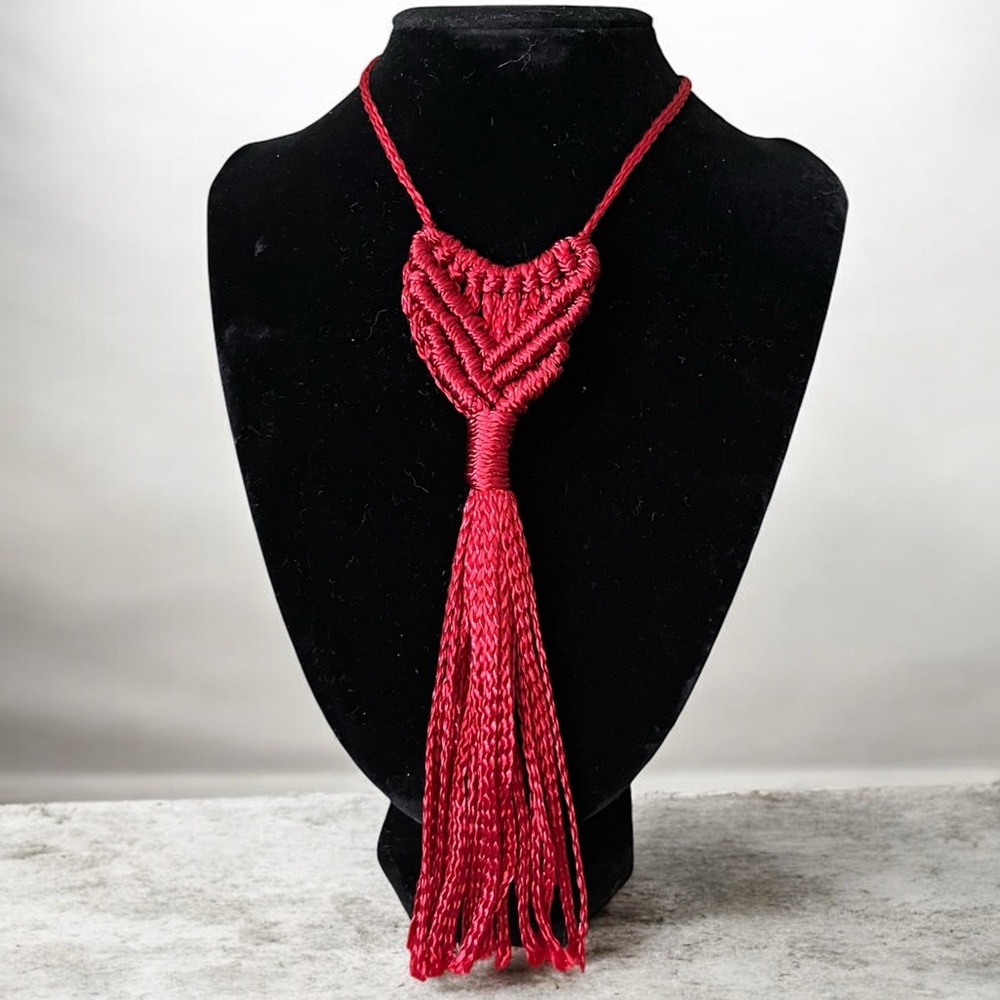 HANDMADE RED MACRAME STATEMENT NECKLACE WITH ADJUSTABLE SLIDING KNOT